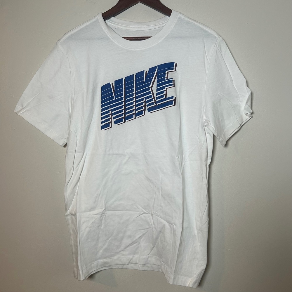 Nike Graphic T-Shirt Mens Medium White Blue Striped Logo‎ Crew Neck Short Sleeve